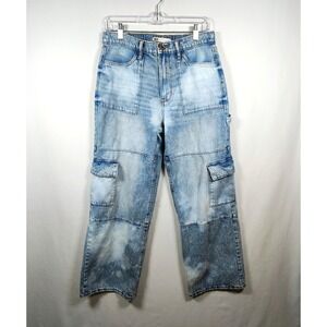 SO Women's High Rise Cargo Wide Leg Jeans Light Wash Bleached Blue Size‎ Medium